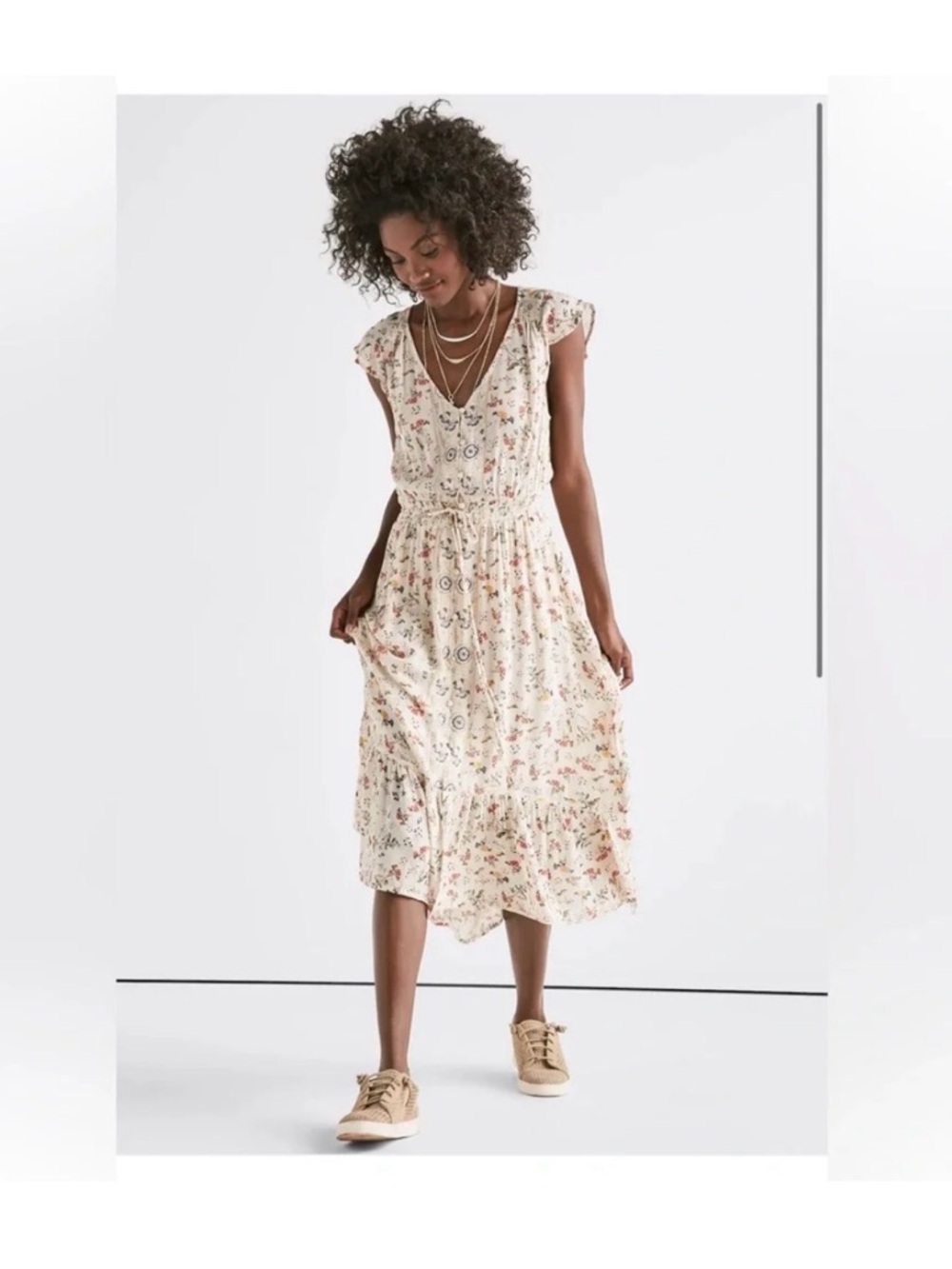 Lucky Brand Cream Romantic Floral Print High-Low Midi Dress Size Medium